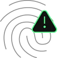 QR code with a warning icon featuring an exclamation mark inside a green triangle on the right side.